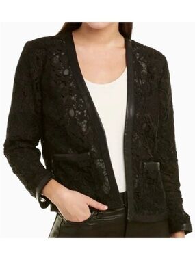 The Kooples Lace Cropped Blazer Faux Leather Trim Black FR36 US 4